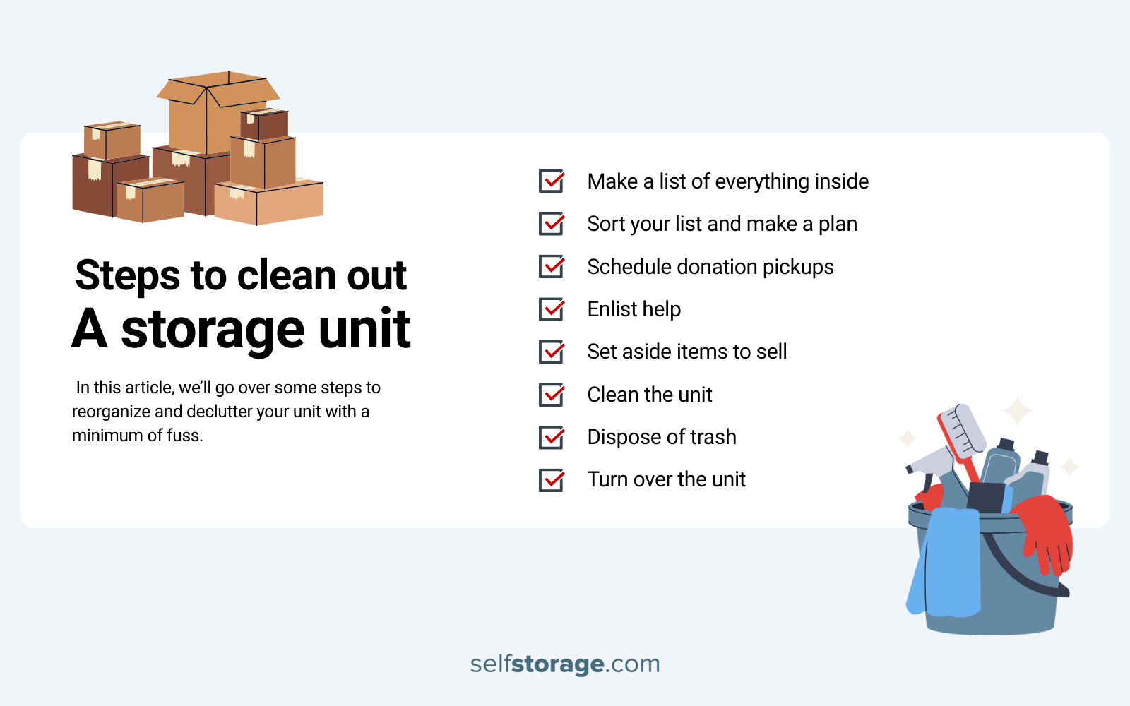 Infographics with a checklist of steps to clean out a storage unit