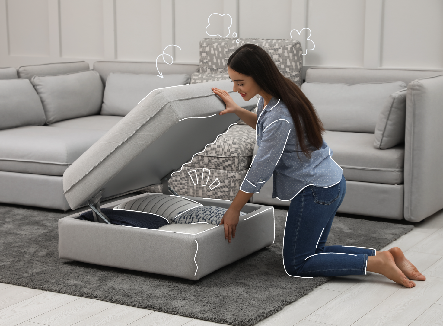 woman using a storage ottoman to store items in living room
