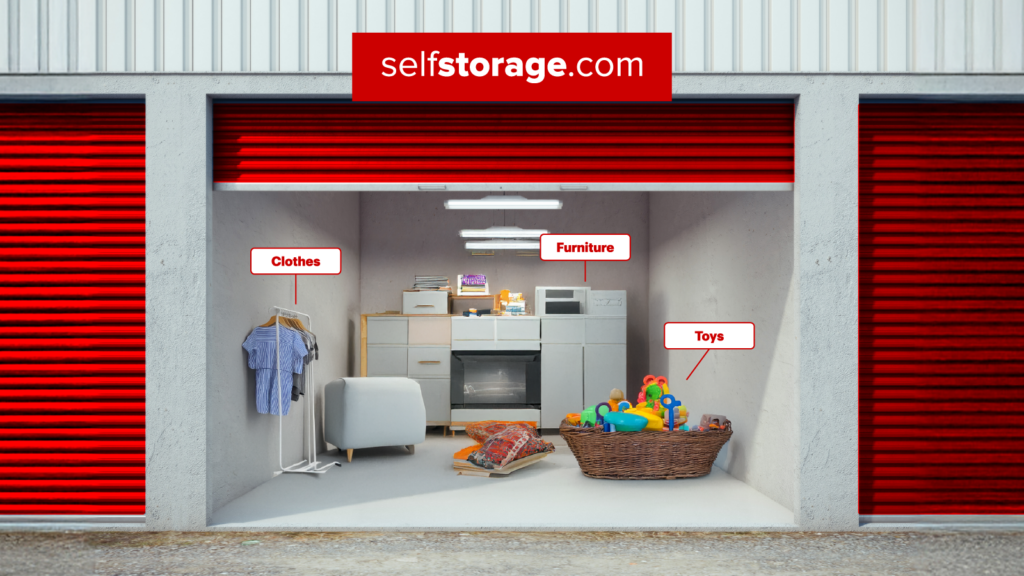 storage unit with clothes, furniture, and toys