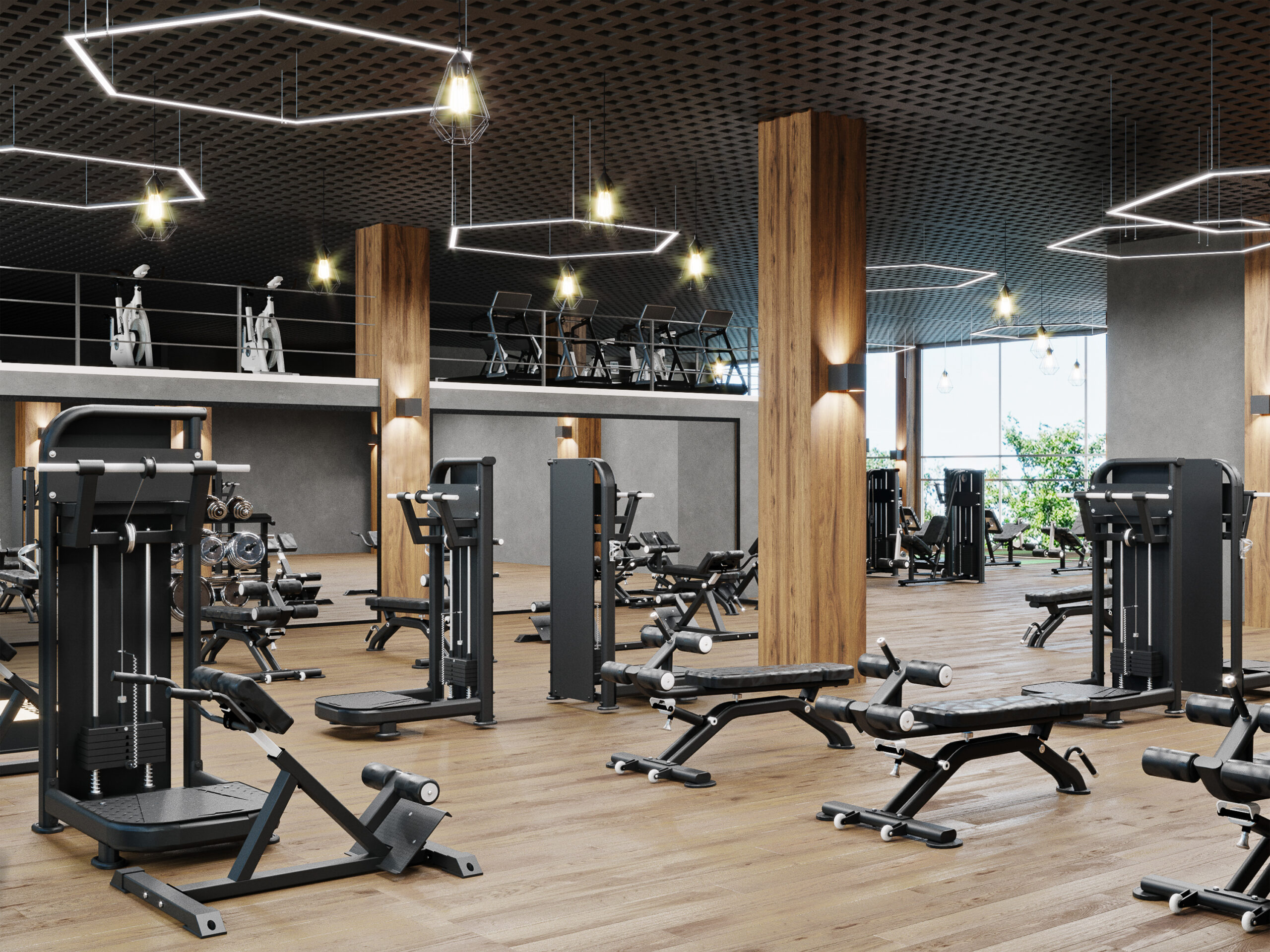 A fitness center with strength machines