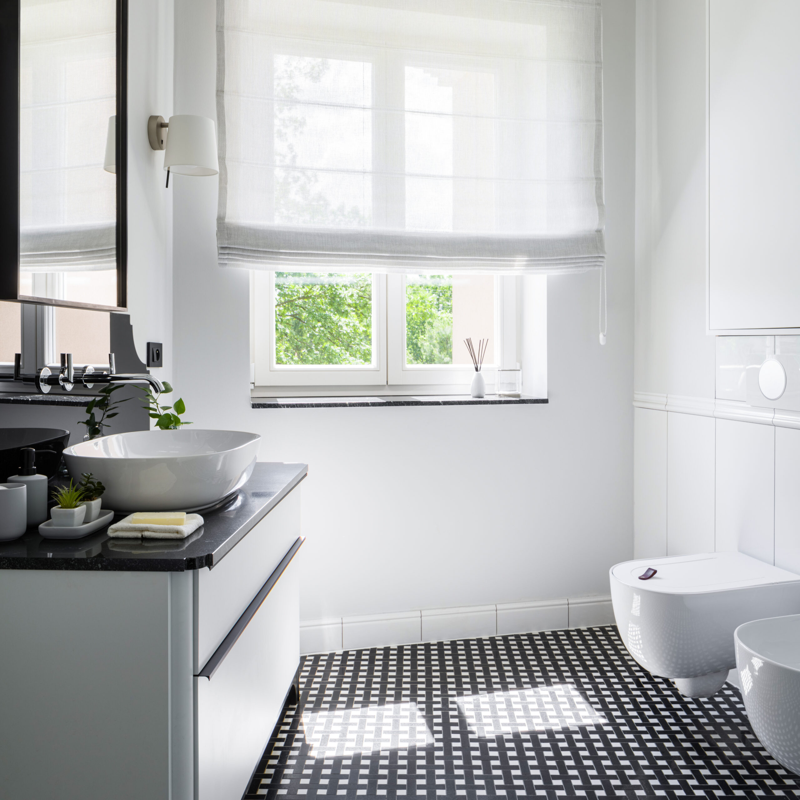 modern bathroom with curtains on window