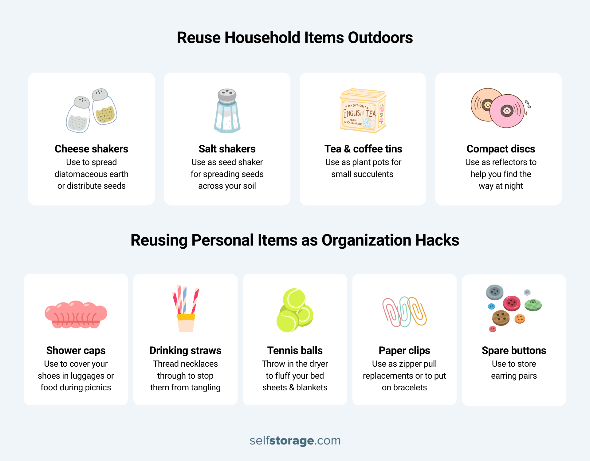 graphics with hacks to reuse household items outdoors and as organization tools
